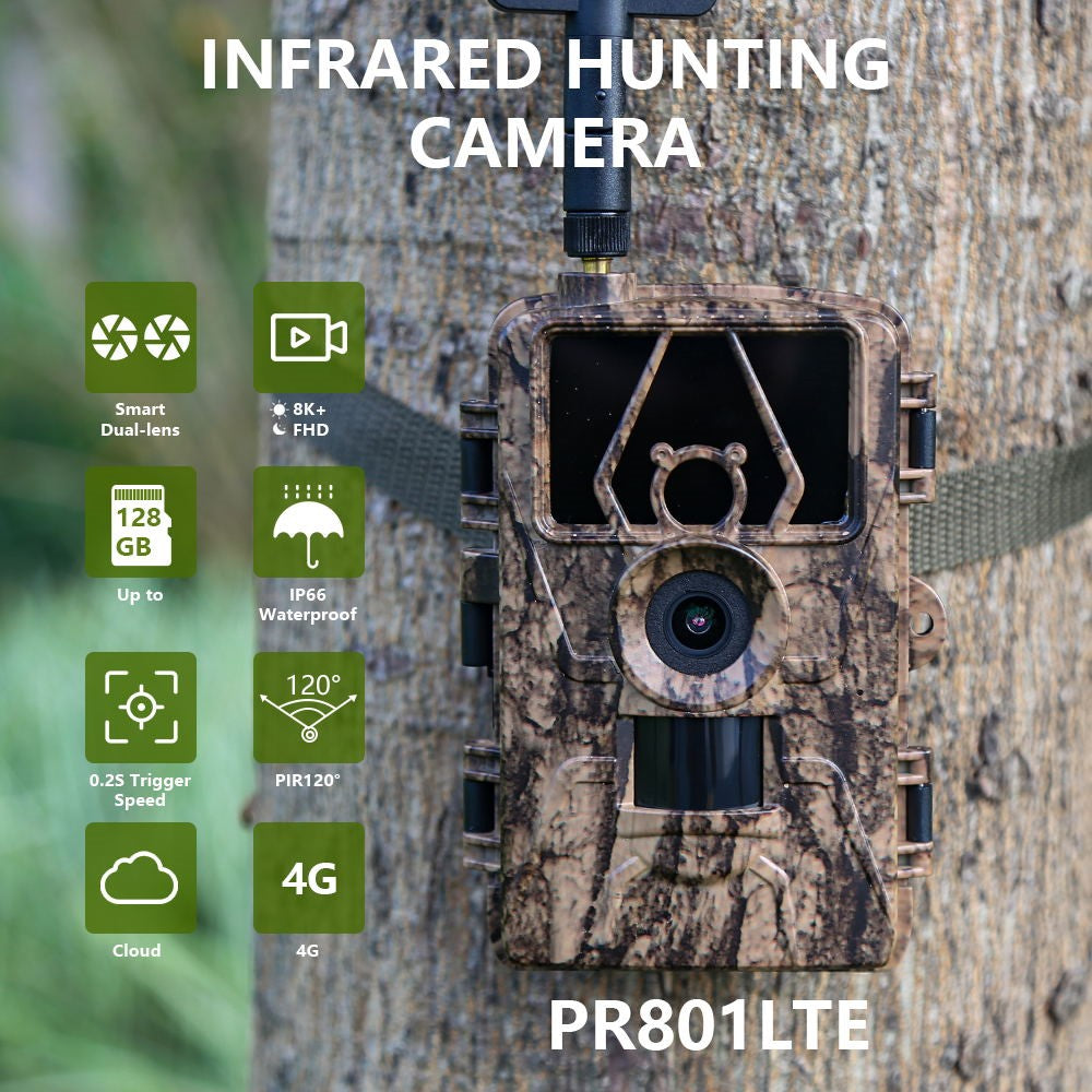 PR801LTE 4G LTE Trail Camera IP66 Waterproof 8K 60MP Wildlife Hunting Camera with Night Vision PIR Motion Detection