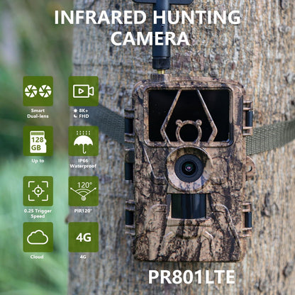 PR801LTE 4G LTE Trail Camera IP66 Waterproof 8K 60MP Wildlife Hunting Camera with Night Vision PIR Motion Detection
