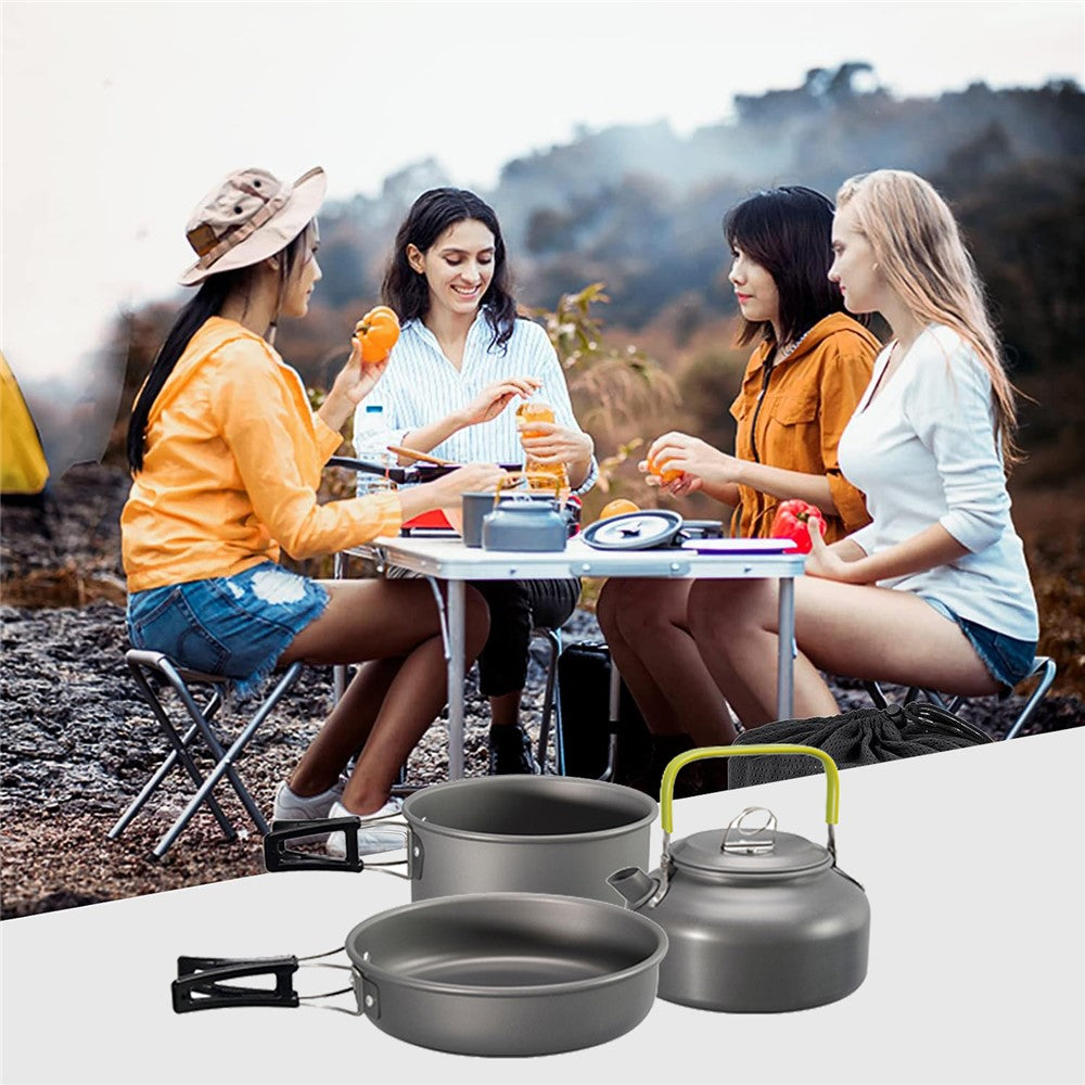 HALIN DS-308 Portable Frying Pan Tea Pot Hard Alumina Camping Cookware Set for 2-3 People (No FDA, BPA-Free)