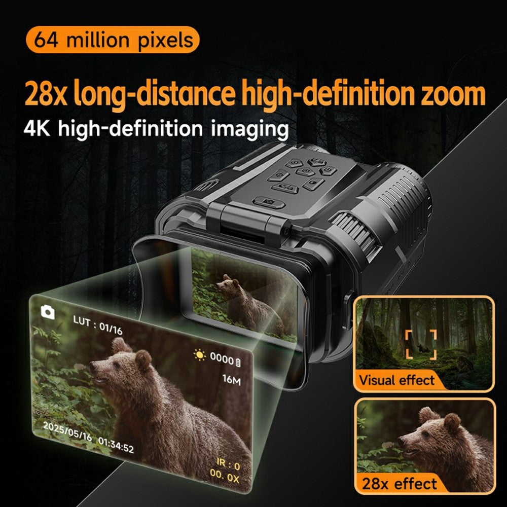 D13 4K HD Hunting Telescope 2 Inch IPS Screen 28x Zoom Outdoor Mini Binocular Night Vision Camera, with 32GB Card