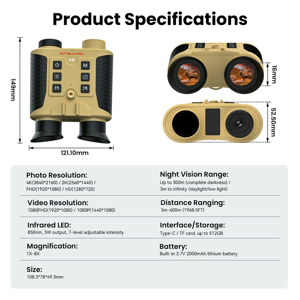 GTGUARD V6 4K Night Vision Binoculars Dual Mode 8X Digital Zoom 300m Range 1080P Recording Digital Telescope for Hunting