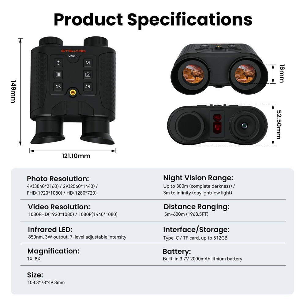 GTGUARD V6 Pro 4K Night Vision Binoculars with Precision Ranging Function Dual Mode 8X Digital Zoom 300m Range 1080P Recording Digital Telescope for Hunting