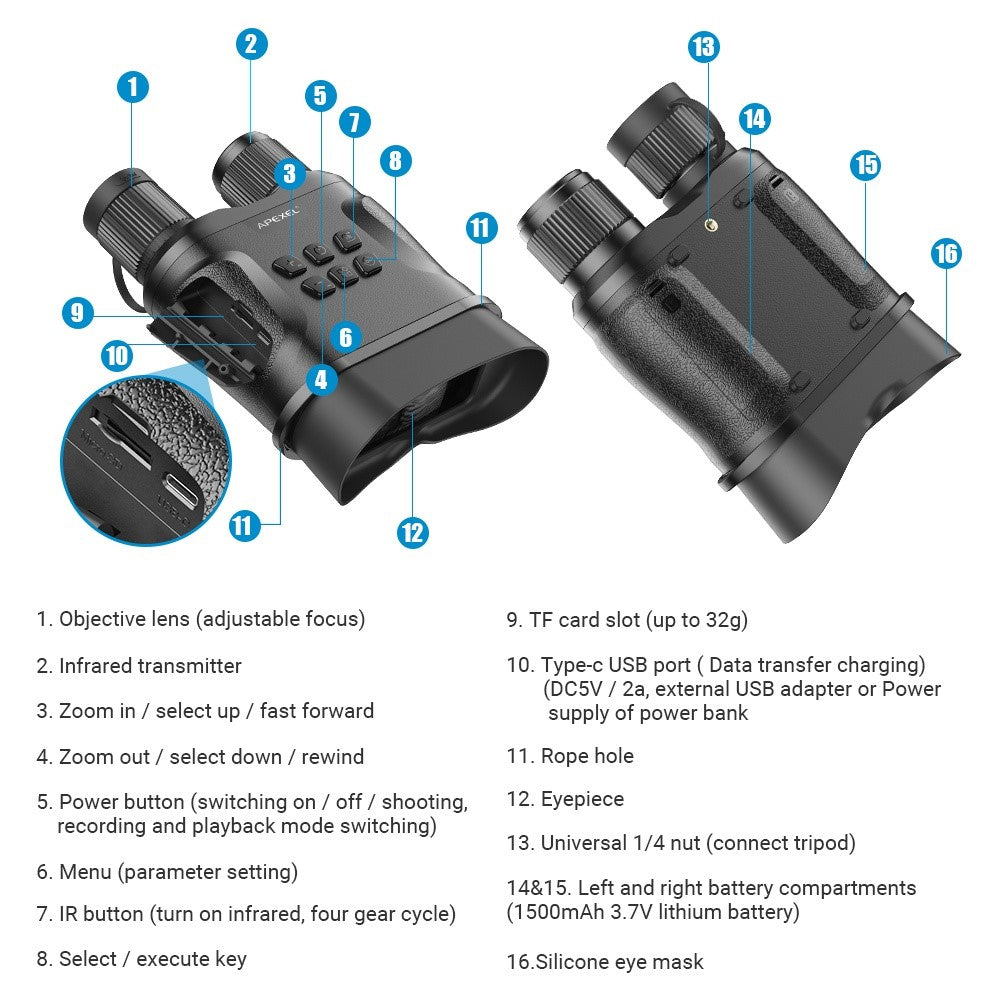 APEXEL APL-NV008 12X Digital Zoom IR Night Vision Binoculars Multi-Layer Coated Night Vision Device with 5 IR Level Adjustable