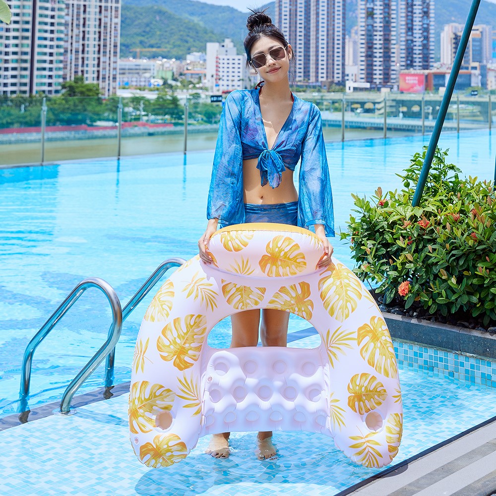 U Shape Swimming Pool Inflatable Lounger Leaves Print Thick PVC Floating Water Sofa
