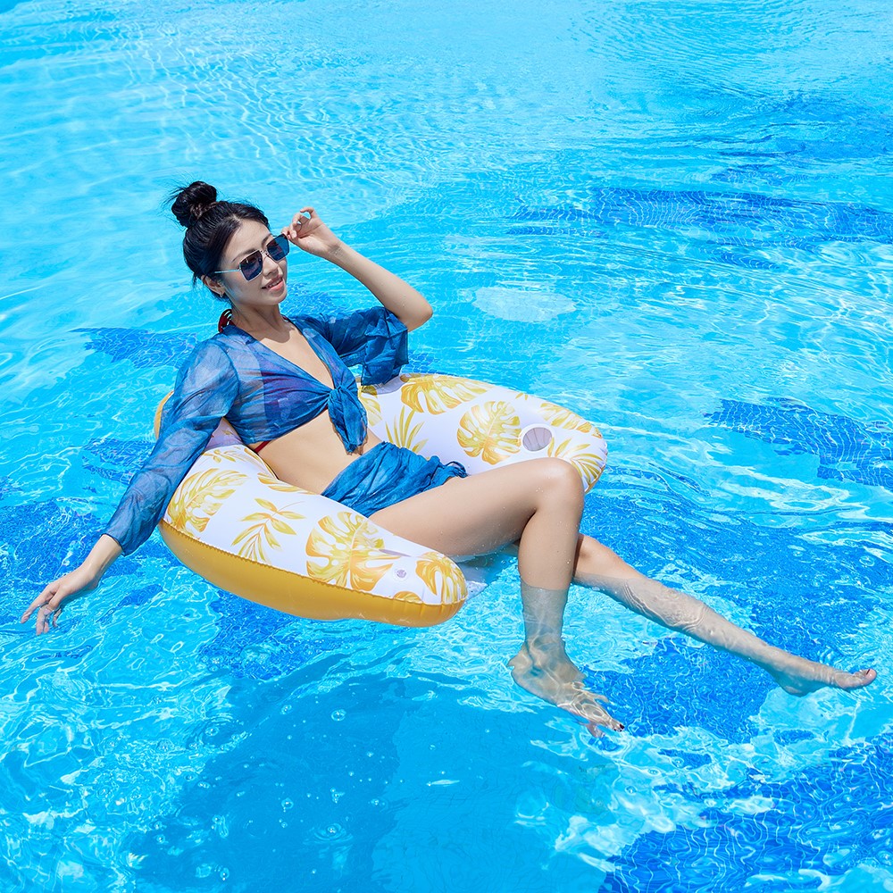 U Shape Swimming Pool Inflatable Lounger Leaves Print Thick PVC Floating Water Sofa