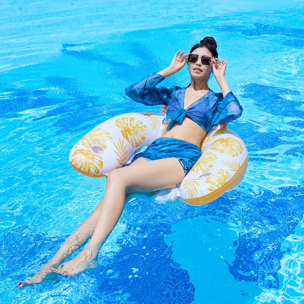 U Shape Swimming Pool Inflatable Lounger Leaves Print Thick PVC Floating Water Sofa