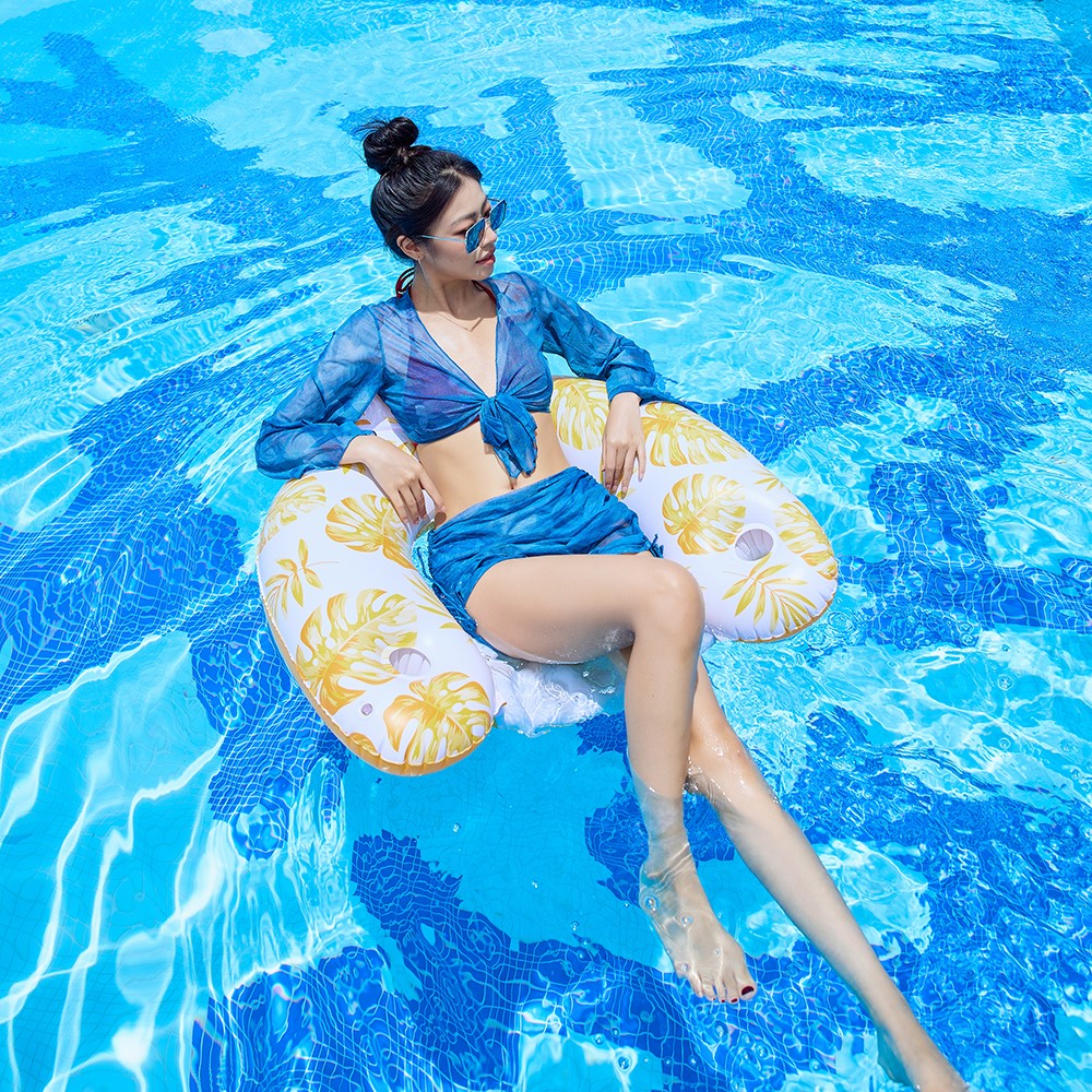 U Shape Swimming Pool Inflatable Lounger Leaves Print Thick PVC Floating Water Sofa