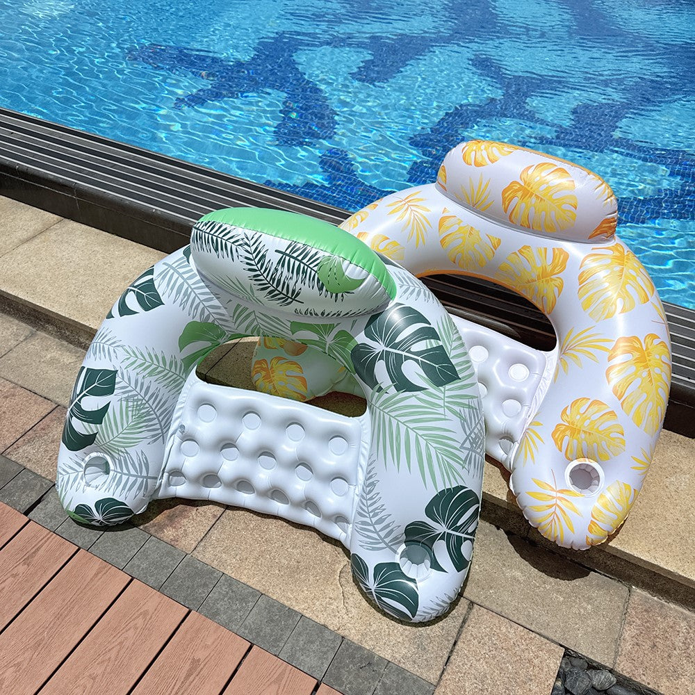U Shape Swimming Pool Inflatable Lounger Leaves Print Thick PVC Floating Water Sofa