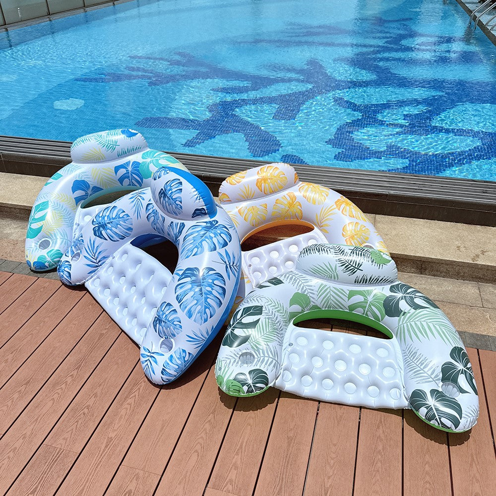 U Shape Swimming Pool Inflatable Lounger Leaves Print Thick PVC Floating Water Sofa