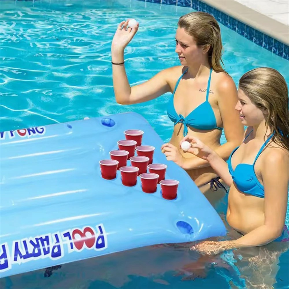 Inflatable PVC Float Game Pong Mat Swimming Pool Beach Cup Holder Floating Lounge Raft