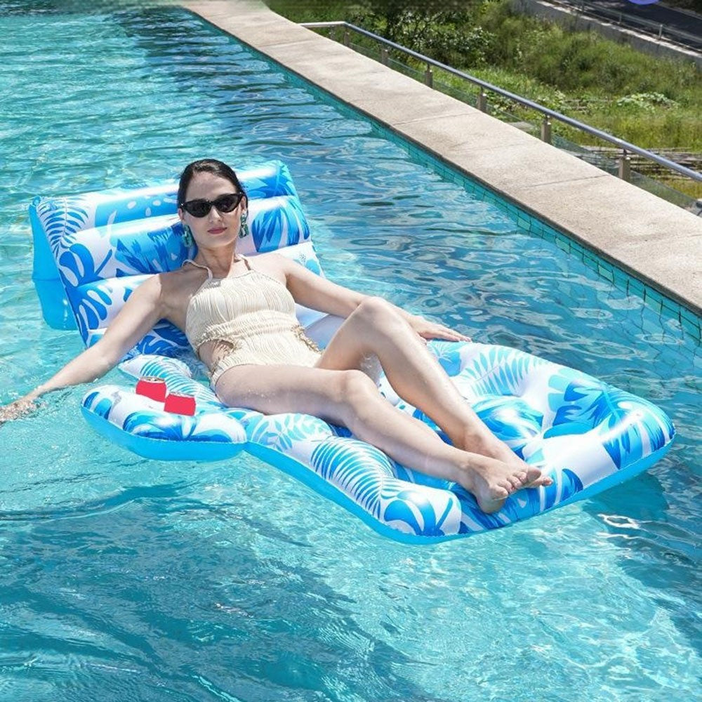 180cm x 90cm Inflatable Leaf Hole Floating Raft Pool Party Floating Lounger with Cup Holder