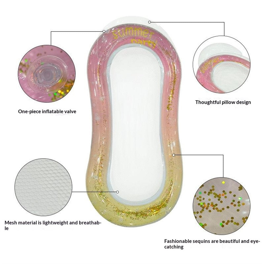 PVC Inflatable Pool Float Lounger with Mesh Glitter Sequins Design Portable Foldable Beach Chair