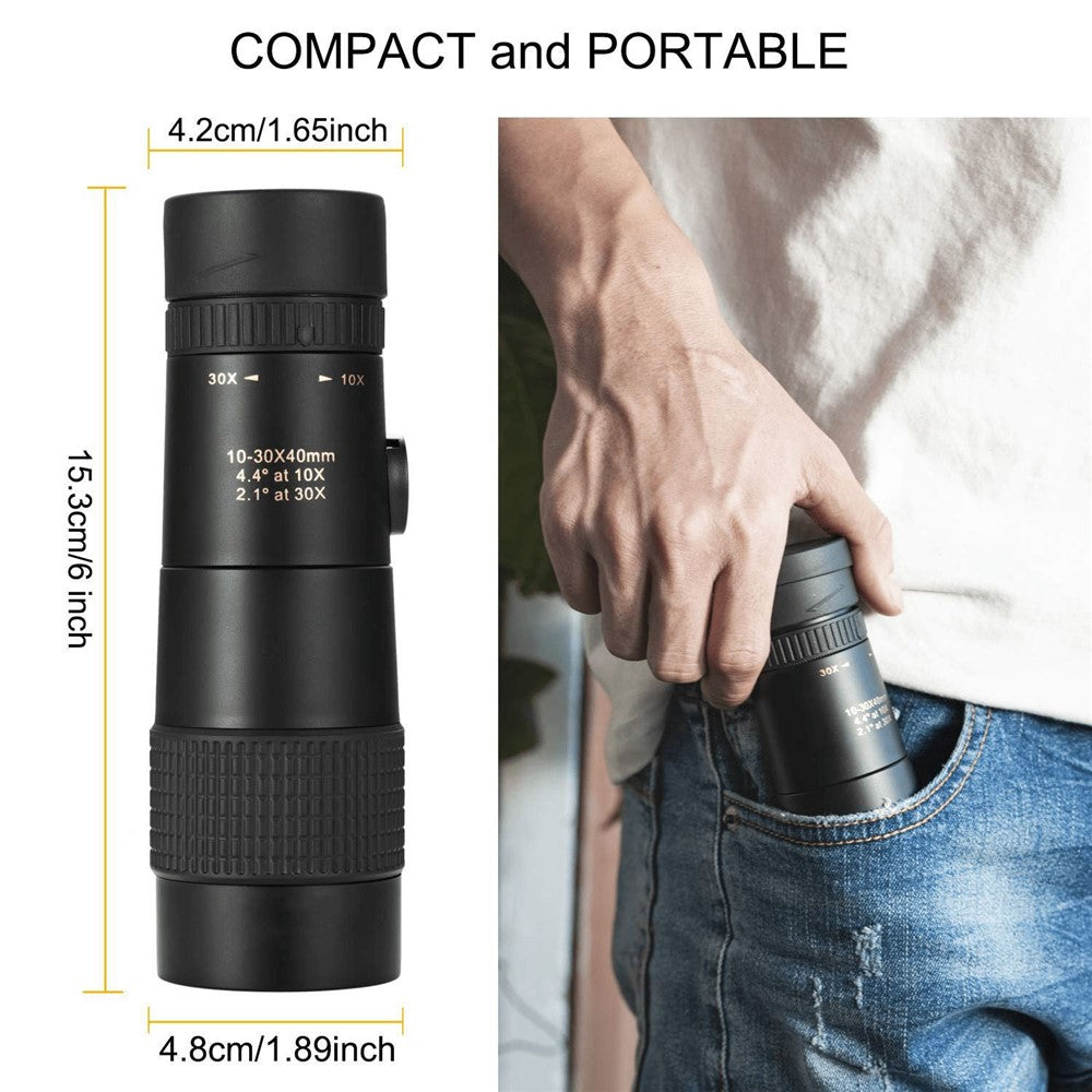 AM-D02 Portable Cell Phone Lens Monocular 10-30x40 BAK4 Prism Multi-Layer Coated Monocular Outdoor Waterproof Night Vision Monocular for Bird Watching