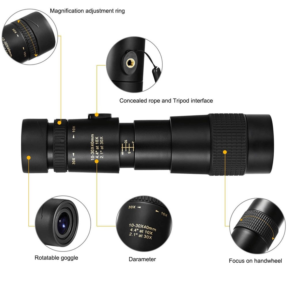 AM-D02 Portable Cell Phone Lens Monocular 10-30x40 BAK4 Prism Multi-Layer Coated Monocular Outdoor Waterproof Night Vision Monocular for Bird Watching