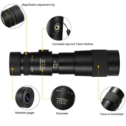 AM-D02 Portable Cell Phone Lens Monocular 10-30x40 BAK4 Prism Multi-Layer Coated Monocular Outdoor Waterproof Night Vision Monocular for Bird Watching
