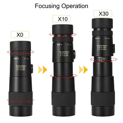 AM-D02 Portable Cell Phone Lens Monocular 10-30x40 BAK4 Prism Multi-Layer Coated Monocular Outdoor Waterproof Night Vision Monocular for Bird Watching