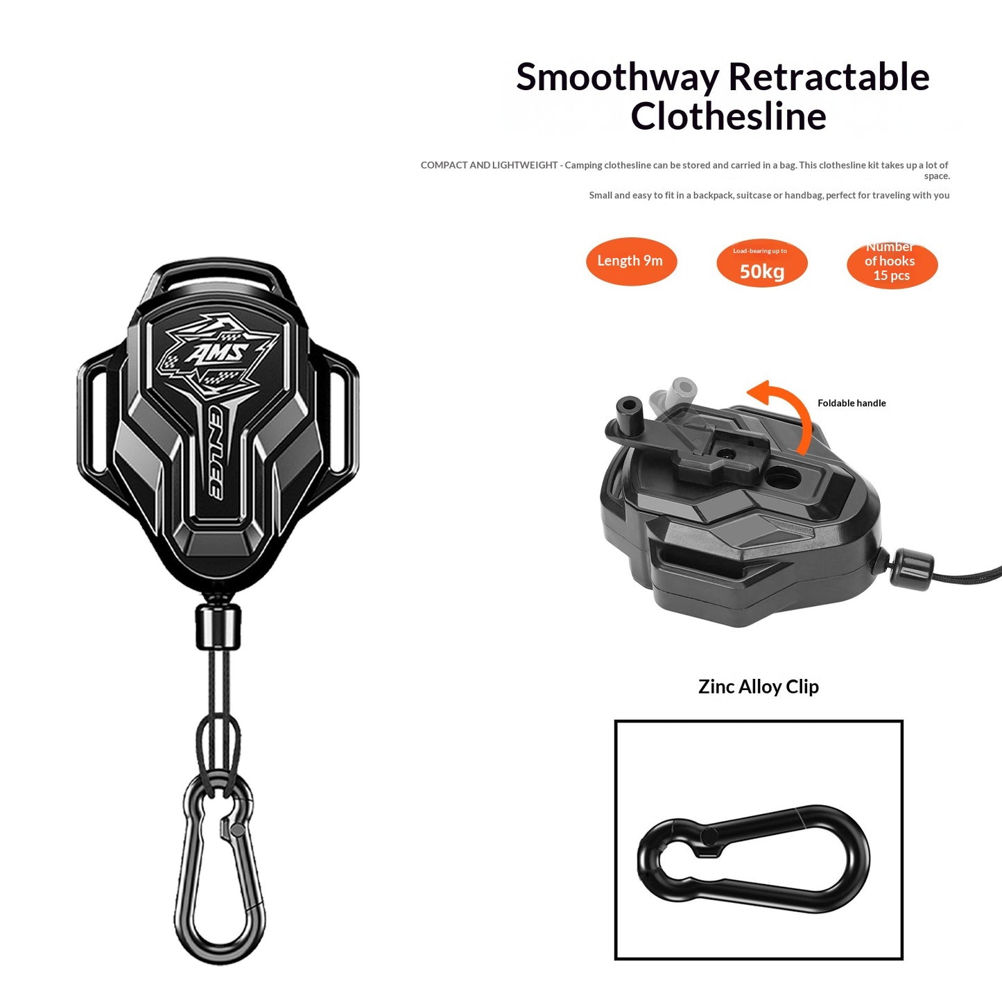 ENLEE 9m Outdoor Retractable Clothesline Portable Camping Hanging Drying Rope with Foldable Handle