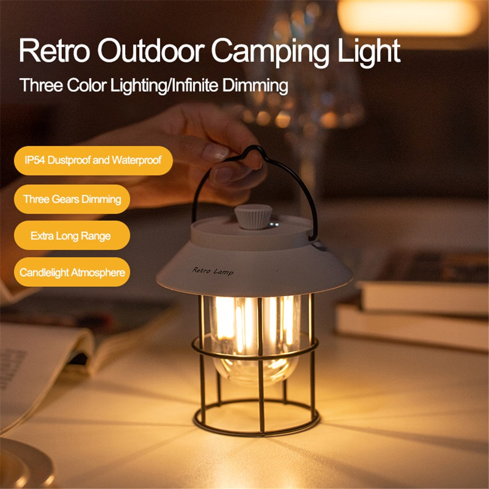 Vintage Iron Art Rechargeable Camping LED Light Portable Outdoor Tent Lantern Hanging Lamp