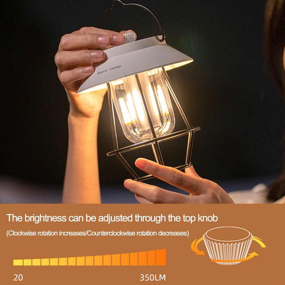 Vintage Iron Art Tent Lantern Rechargeable Hanging Lamp Portable Camping LED Light