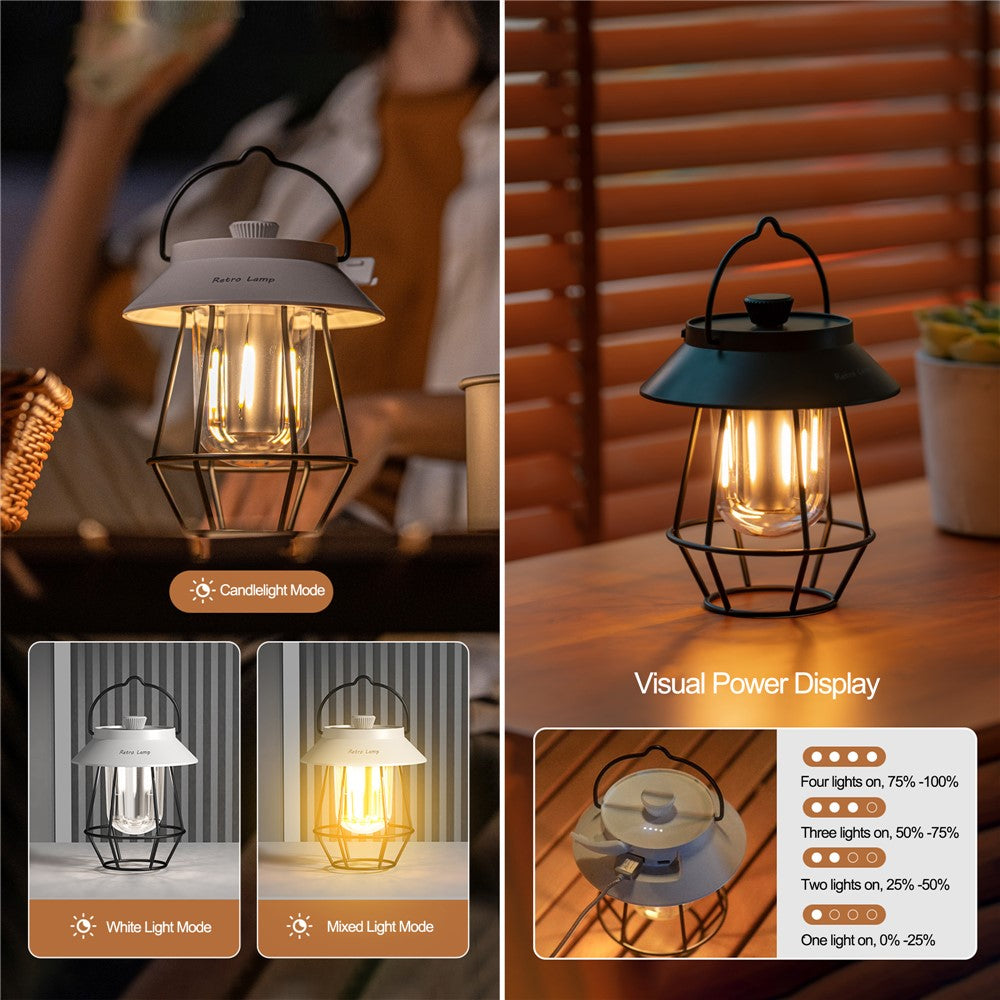 Vintage Iron Art Tent Lantern Rechargeable Hanging Lamp Portable Camping LED Light