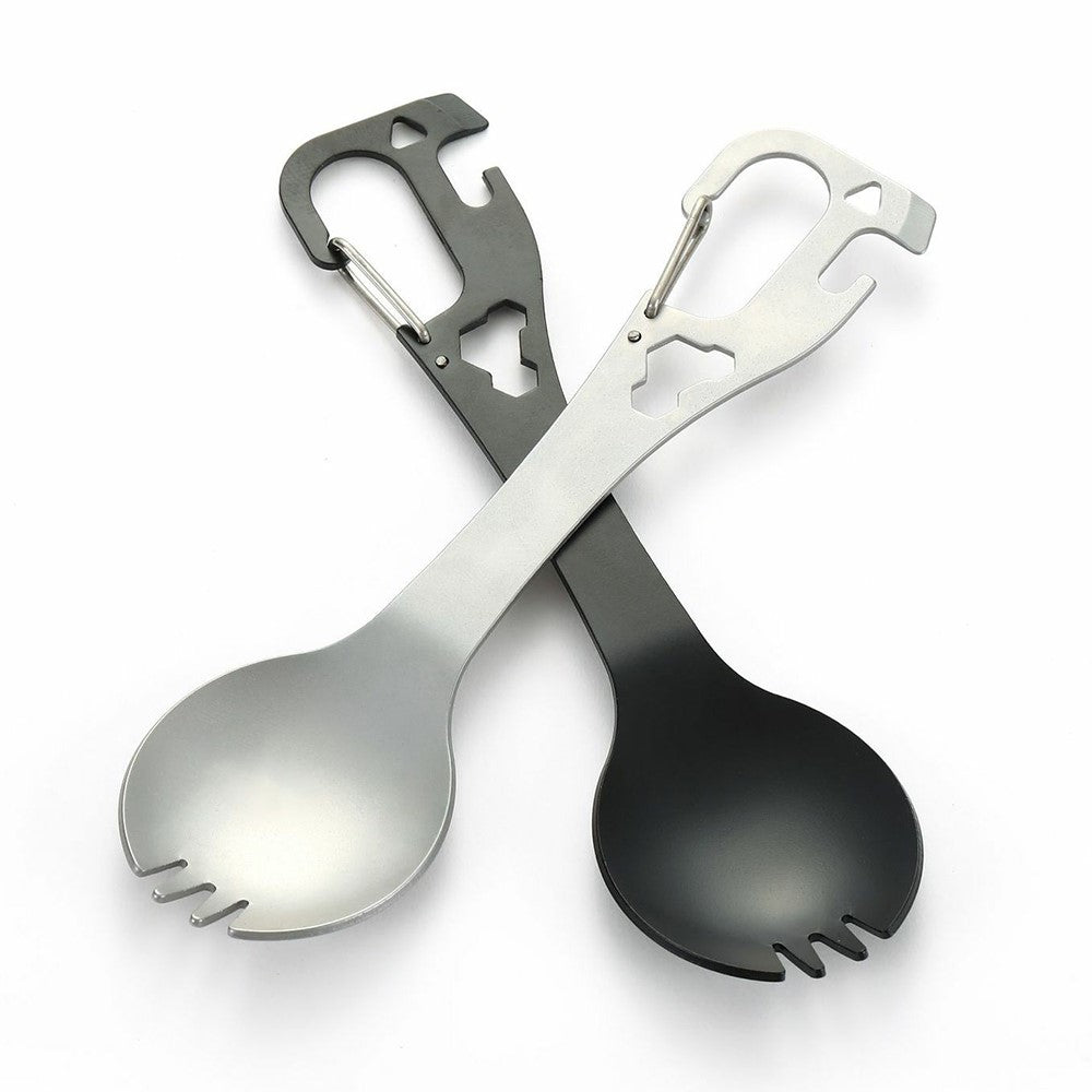 DIY058 2-in-1 Spoon Fork 420 Stainless Steel Outdoor Camping Cutlery Bottle Opener Tool (No FDA, BPA Free)