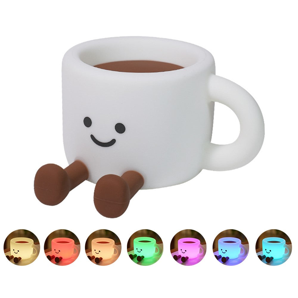 Cute Coffee Cup Shape Night Light with Phone Stand Tap Control 7 Color Changing LED Bedside Lamp