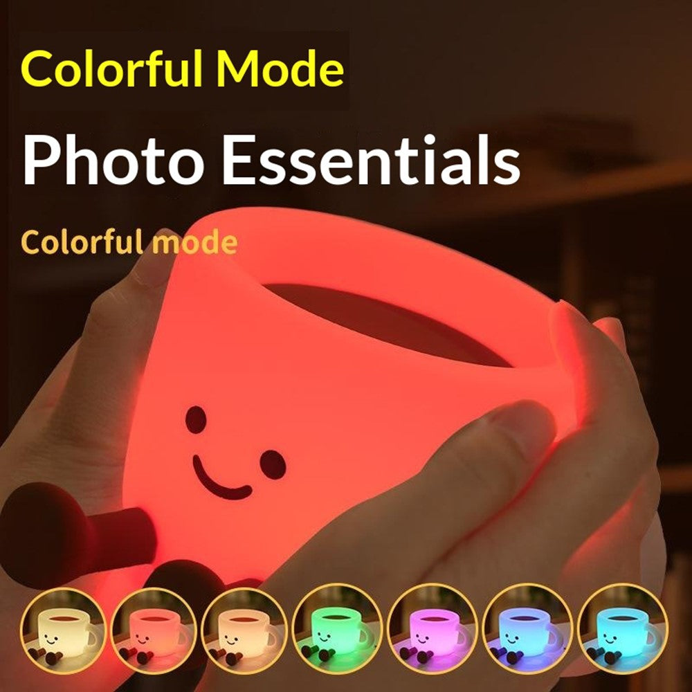 Cute Coffee Cup Shape Night Light with Phone Stand Tap Control 7 Color Changing LED Bedside Lamp