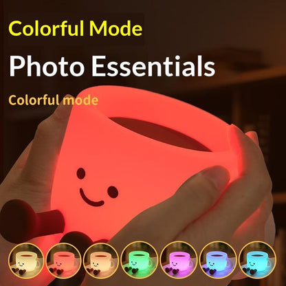 Cute Coffee Cup Shape Night Light with Phone Stand Tap Control 7 Color Changing LED Bedside Lamp
