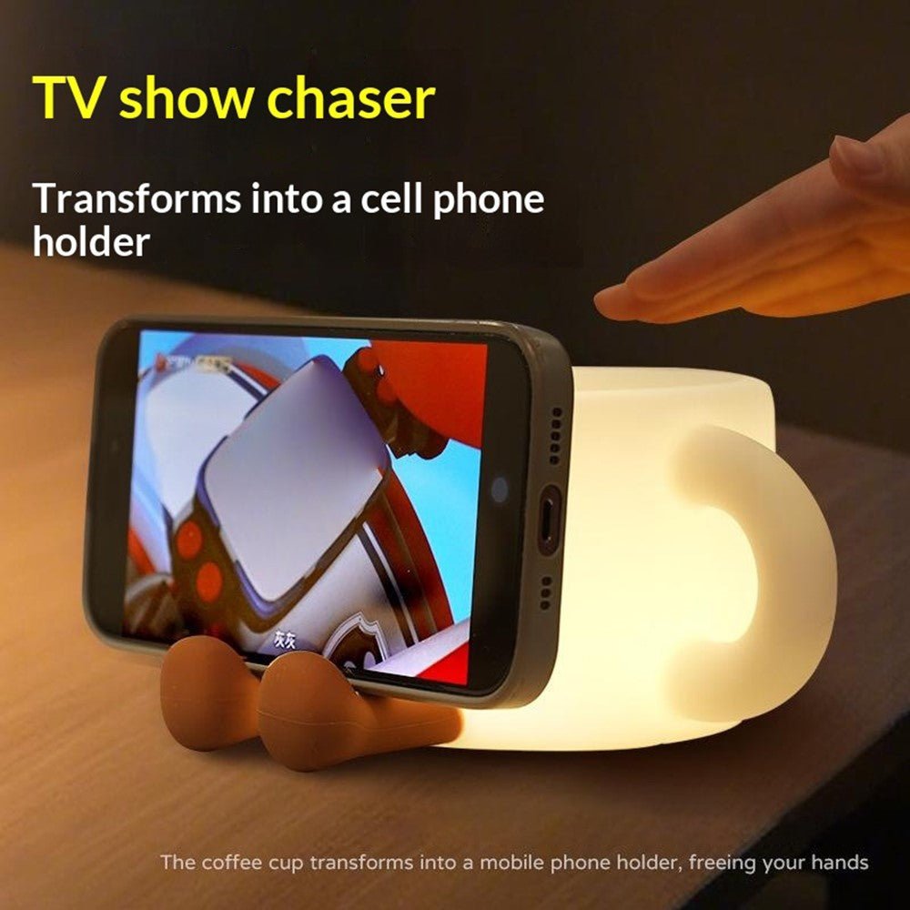 Cute Coffee Cup Shape Night Light with Phone Stand Tap Control 7 Color Changing LED Bedside Lamp