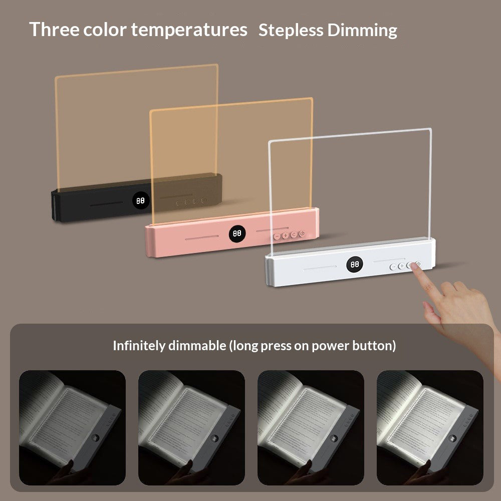 YSJ-019 Clear Acrylic Panel Flat Book Light Eye Care 3 Color Temperatures Stepless Dimming LED Bedside Lamp with Timer