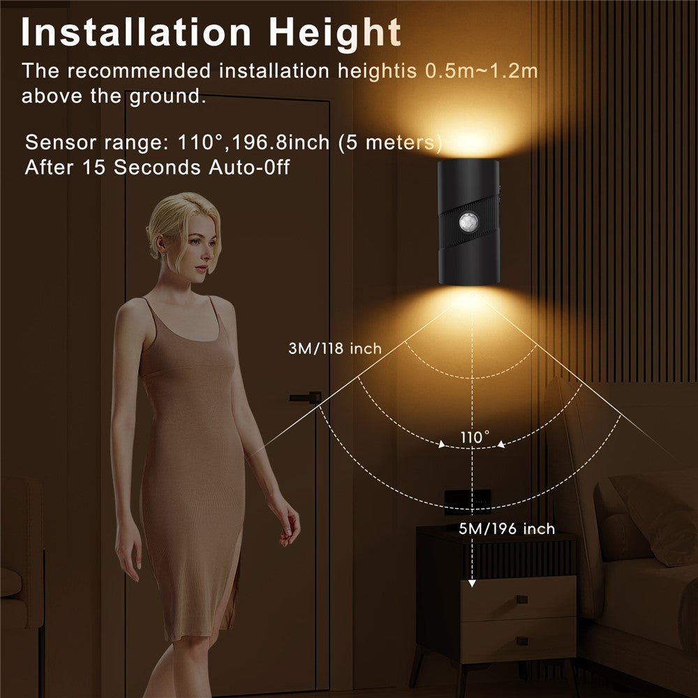YSJ-008 2Pcs Motion Sensor LED Night Light Magnetic Wall Lamp Dimmable 3 Color Temperature Dual Direction Light