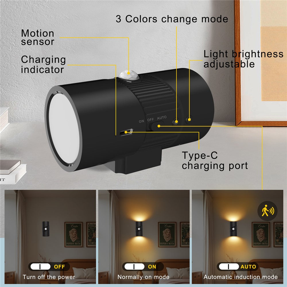 YSJ-008 2Pcs Motion Sensor LED Night Light Magnetic Wall Lamp Dimmable 3 Color Temperature Dual Direction Light