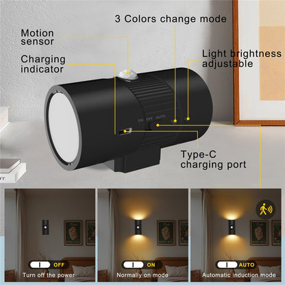 YSJ-008 2Pcs Motion Sensor LED Night Light Magnetic Wall Lamp Dimmable 3 Color Temperature Dual Direction Light