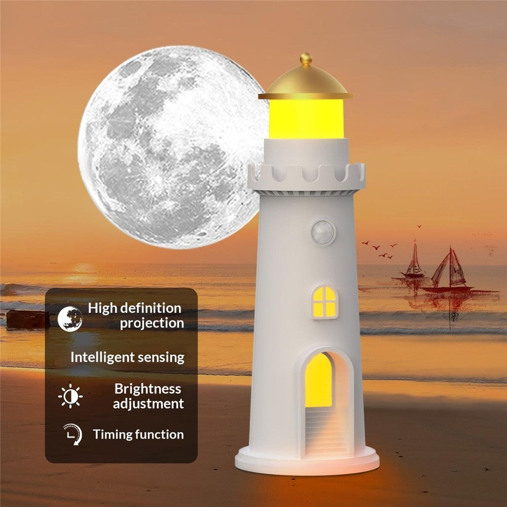 YSJ-016 Smart Motion Sensor Moon Light Lighthouse Shaped Night Light Projector Timer Warm Light for Bedroom