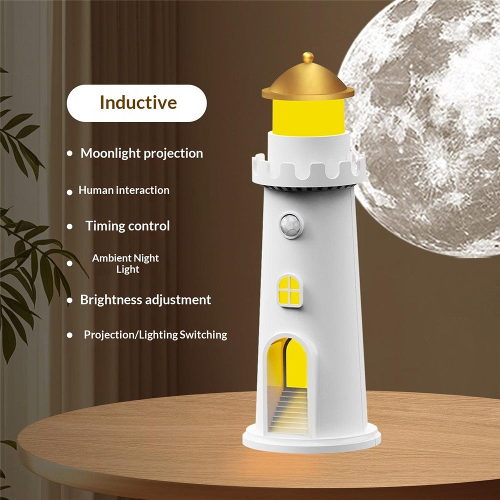 YSJ-016 Smart Motion Sensor Moon Light Lighthouse Shaped Night Light Projector Timer Warm Light for Bedroom
