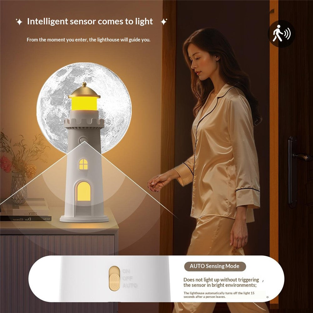 YSJ-016 Smart Motion Sensor Moon Light Lighthouse Shaped Night Light Projector Timer Warm Light for Bedroom