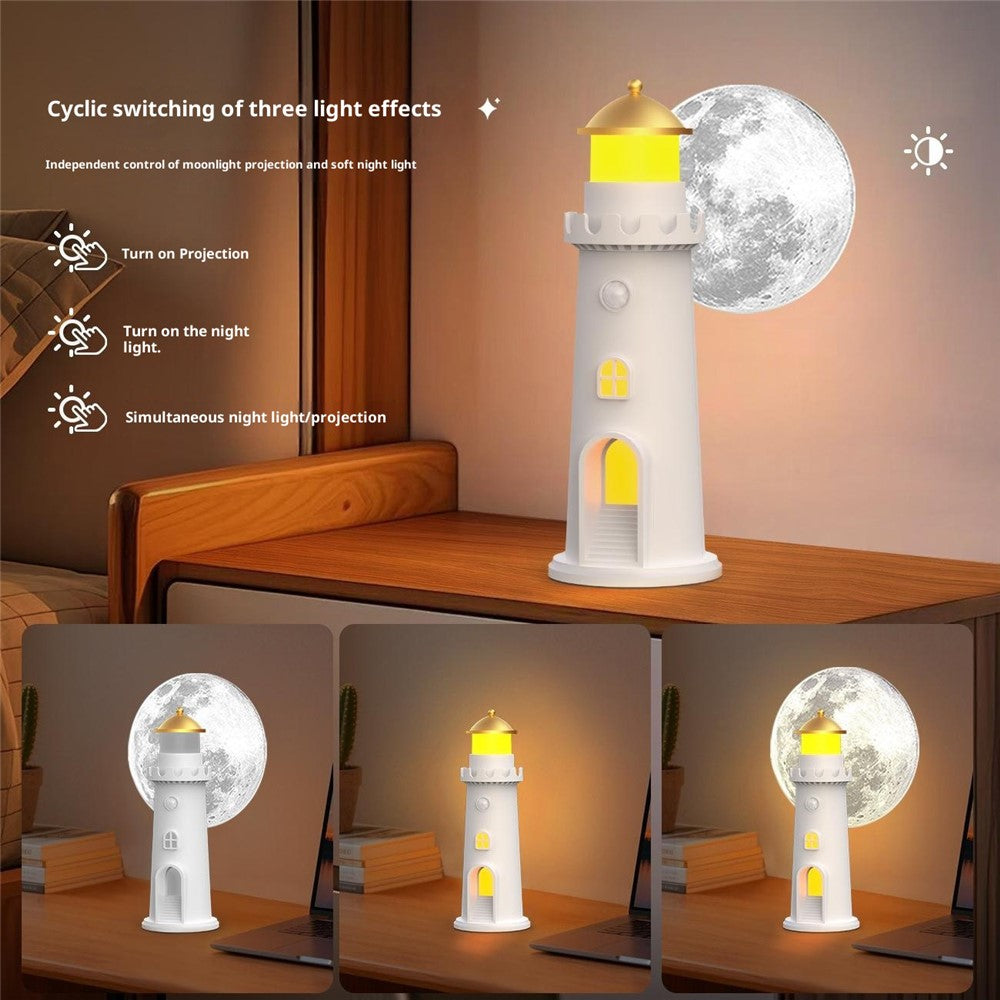 YSJ-016 Smart Motion Sensor Moon Light Lighthouse Shaped Night Light Projector Timer Warm Light for Bedroom