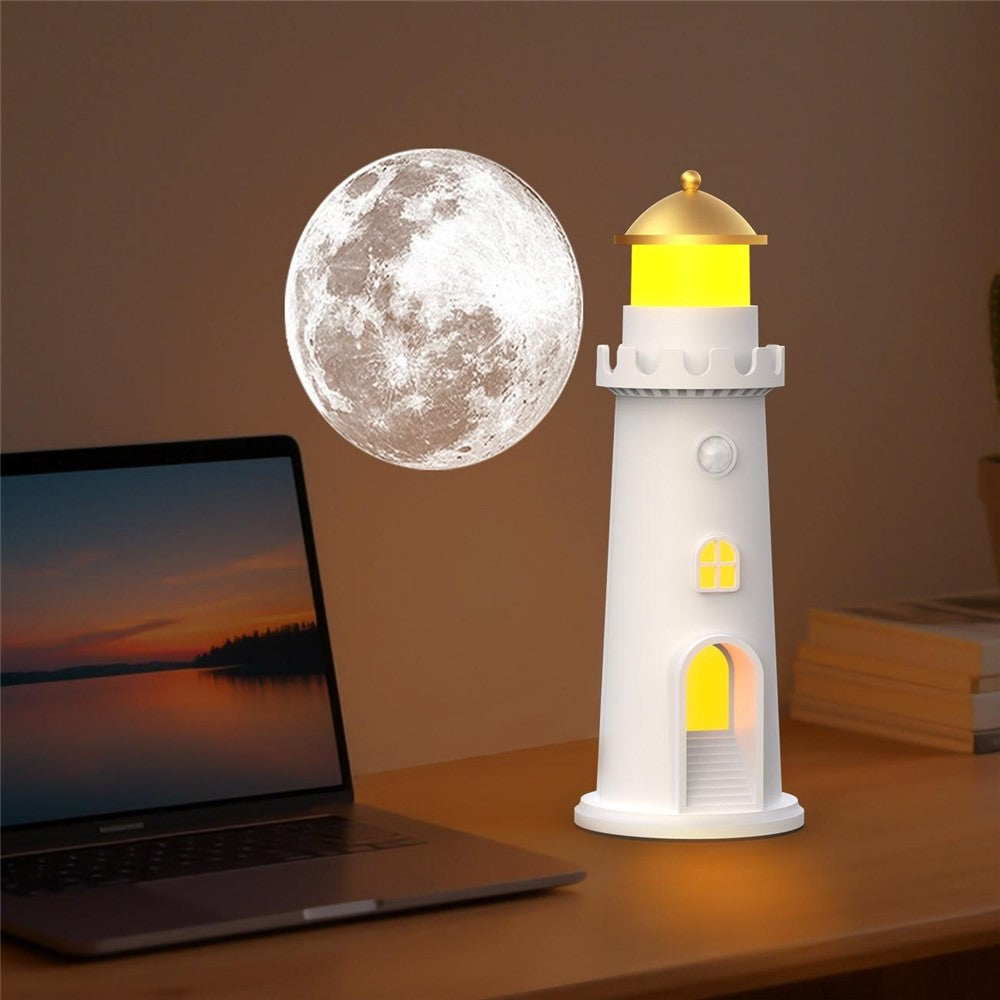 YSJ-016 Smart Motion Sensor Moon Light Lighthouse Shaped Night Light Projector Timer Warm Light for Bedroom
