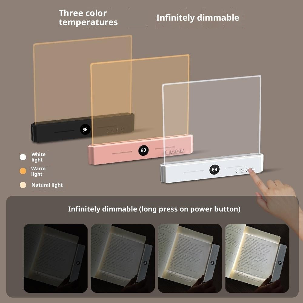 YSJ-019 Plus 2 in 1 Eye Care Clear Acrylic Flat LED Book Light Stepless Dimming Night Lamp with 3 Color Temperatures and Timer
