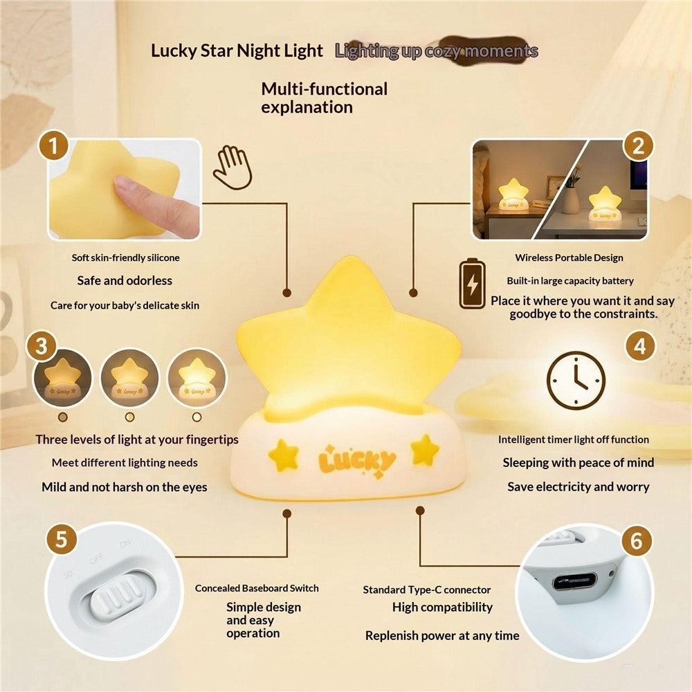 XP-007A Lucky Star Night Light Silicone 3-Brightness Pat Control Night Lamp Creative Birthday Gift for Kids Baby