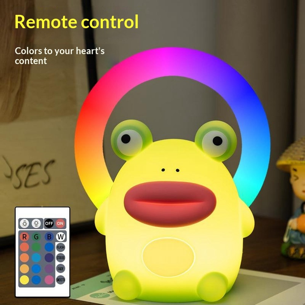 PP-D10 Frog Shape Night Light 3-Brightness Levels RGB Color Changing Remote Control Silicone Touch Lamp for Kids Bedroom