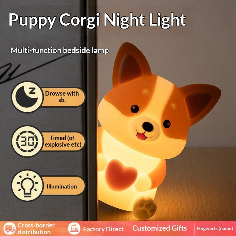PP-D11 Cute Cartoon Corgi Puppy-Shaped Night Light USB-C Charging 1200mAh Silicone Touch Sensor Bedside Night Pat Lamp