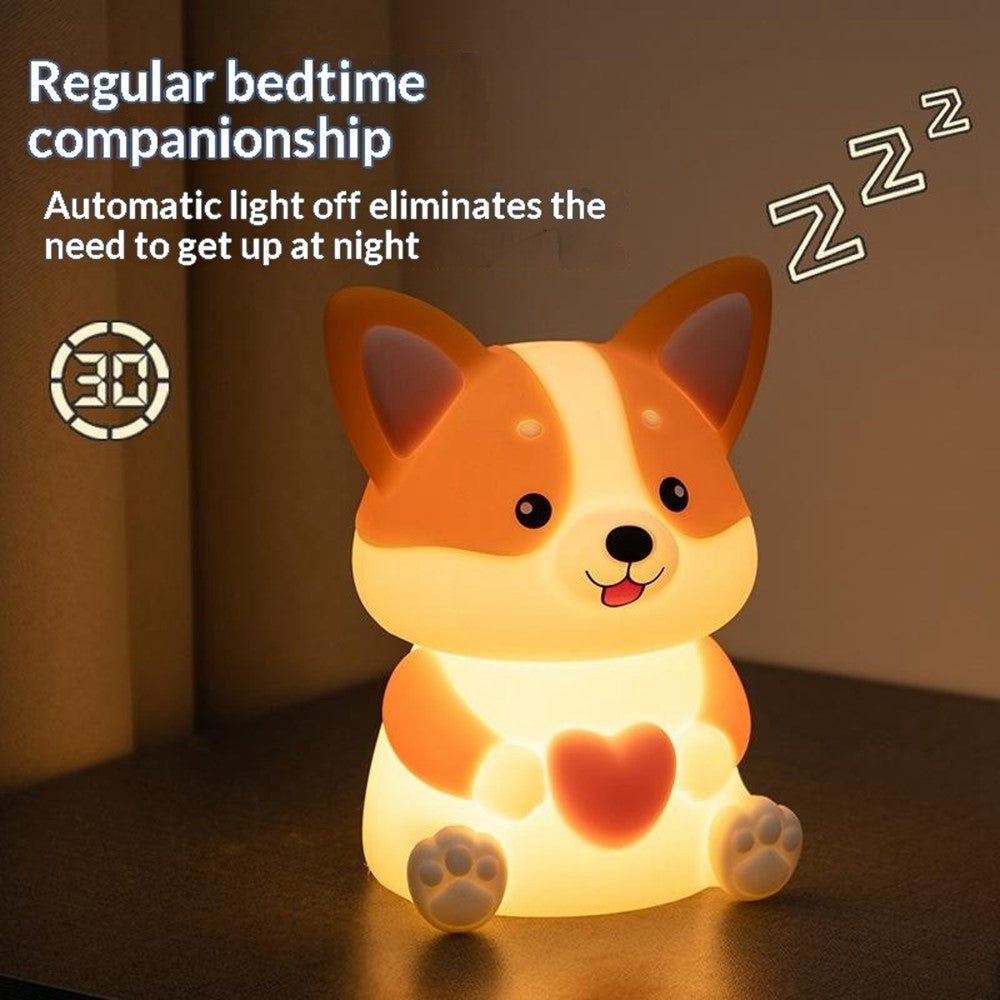PP-D11 Cute Cartoon Corgi Puppy-Shaped Night Light USB-C Charging 1200mAh Silicone Touch Sensor Bedside Night Pat Lamp