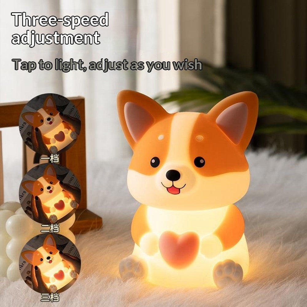 PP-D11 Cute Cartoon Corgi Puppy-Shaped Night Light USB-C Charging 1200mAh Silicone Touch Sensor Bedside Night Pat Lamp