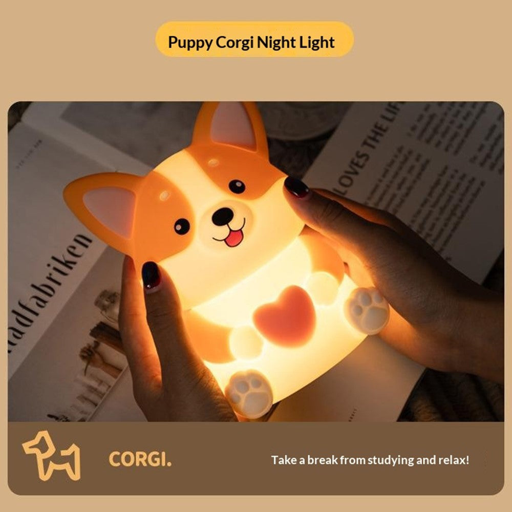 PP-D11 Cute Cartoon Corgi Puppy-Shaped Night Light USB-C Charging 1200mAh Silicone Touch Sensor Bedside Night Pat Lamp