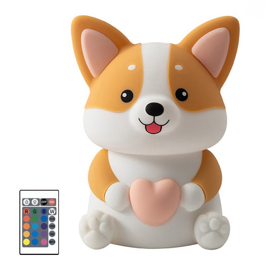 PP-D11 Colorful RGB Remote Control Cute Cartoon Corgi Puppy-Shaped Night Light USB-C Charging 1200mAh Silicone Touch Sensor Bedside Night Pat Lamp