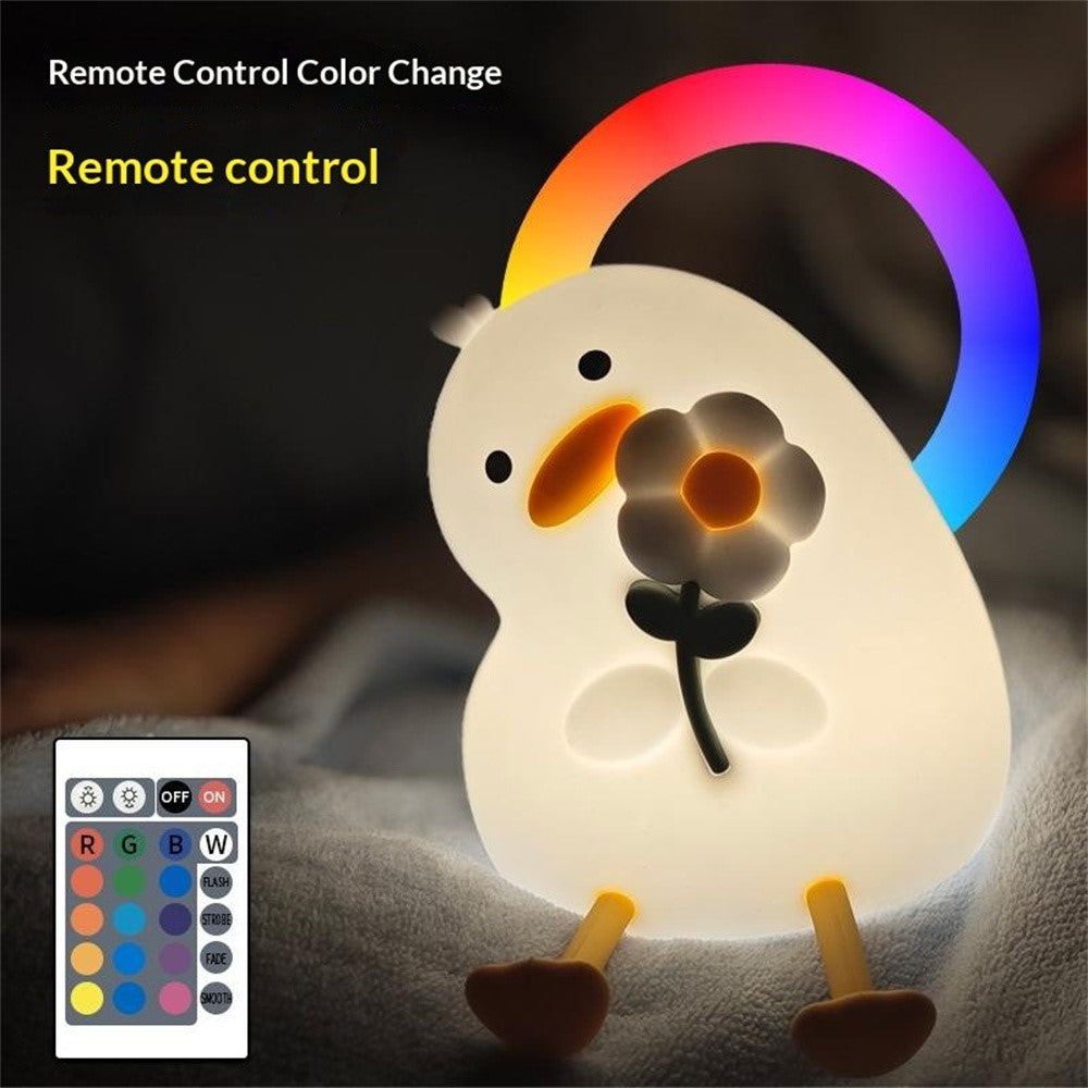 PP-D03 Colorful RGB Remote Control Cartoon Duck-Shaped Night Light Silicone 3-Brightness Levels Timer Touch Night Lamp for Bedroom