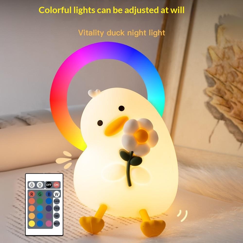 PP-D03 Colorful RGB Remote Control Cartoon Duck-Shaped Night Light Silicone 3-Brightness Levels Timer Touch Night Lamp for Bedroom