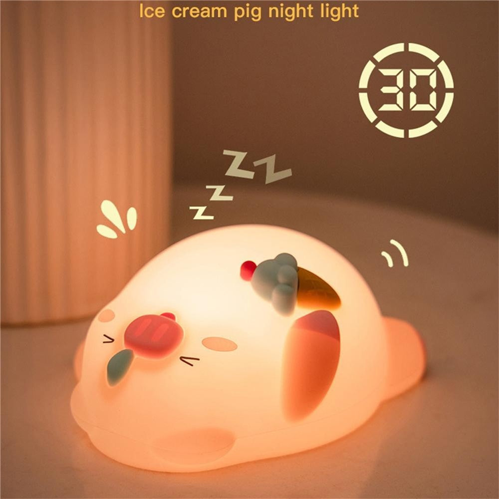PP-D01 Ice Cream Cartoon Pig Shape Pat Light Cute Bedside Night Light 3-Level Touch 1200mAh Night Lamp