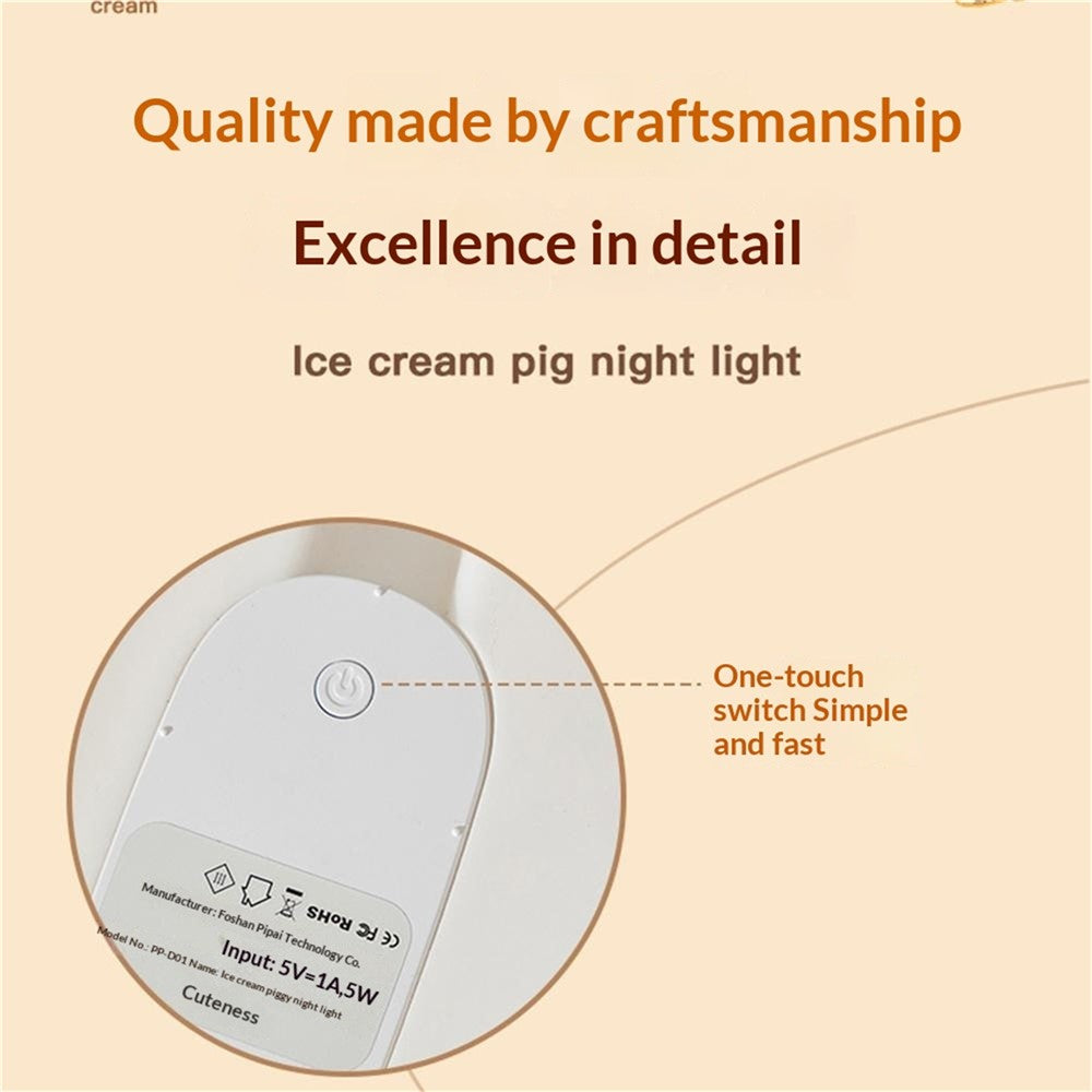 PP-D01 Ice Cream Cartoon Pig Shape Pat Light Cute Bedside Night Light 3-Level Touch 1200mAh Night Lamp